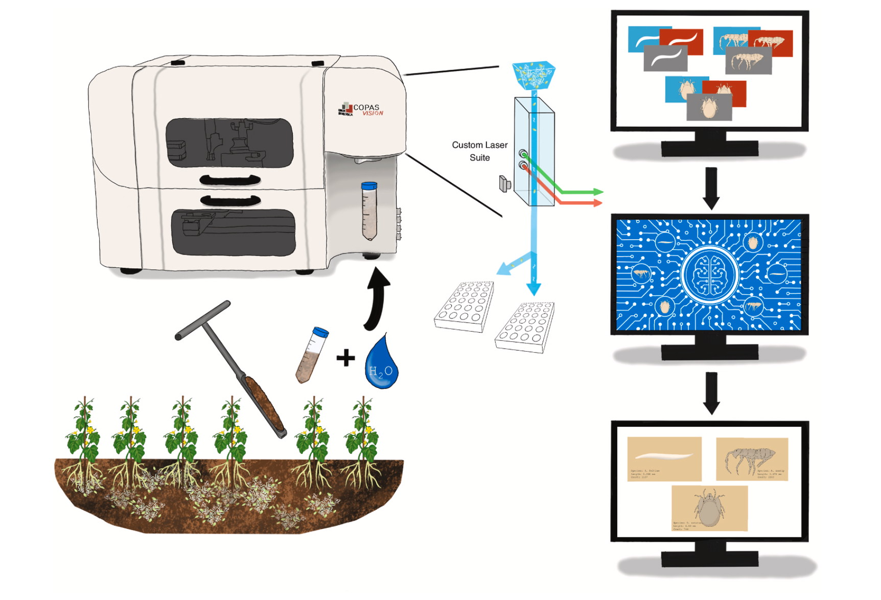 Smart SOD system diagram showing soil sample processing through flow cytometry and machine learning
